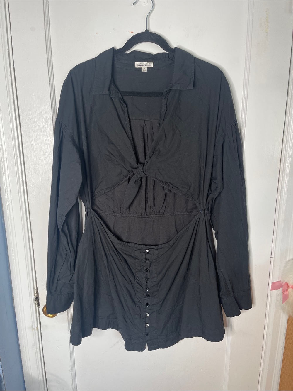For Love & Lemons Black Dress 1X Open Front Tie Chest Long Sleeves Mini